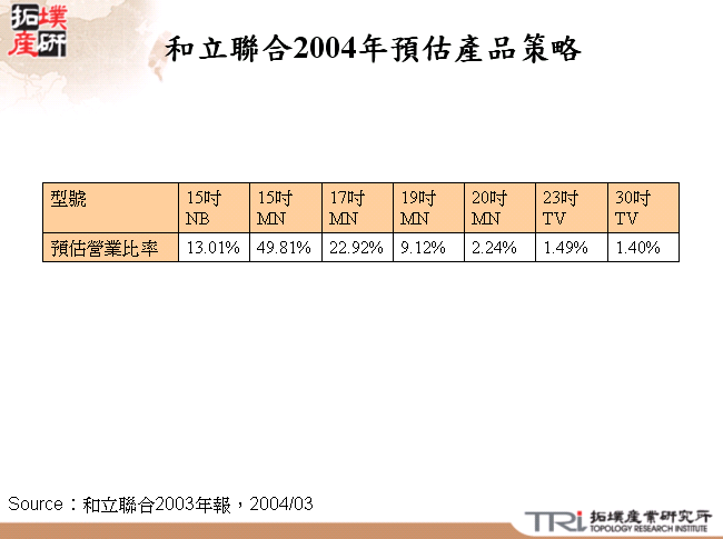 和立聯合2004年預估產品策略