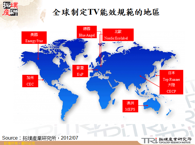 全球制定TV能效規範的地區