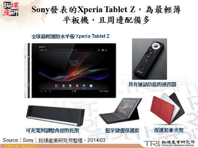 Sony發表的Xperia Tablet Z，為最輕薄平板機，且周邊配備多