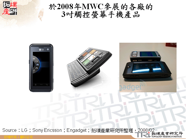 於2008年MWC參展的各廠的3吋觸控螢幕手機產品