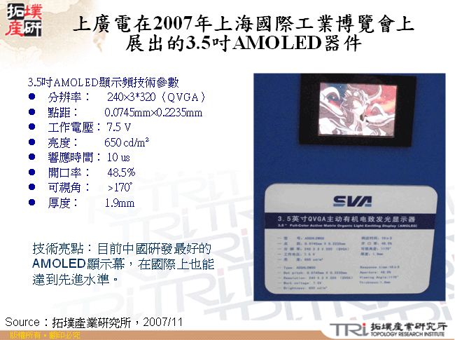 上廣電在2007年上海國際工業博覽會上展出的3.5吋AMOLED器件