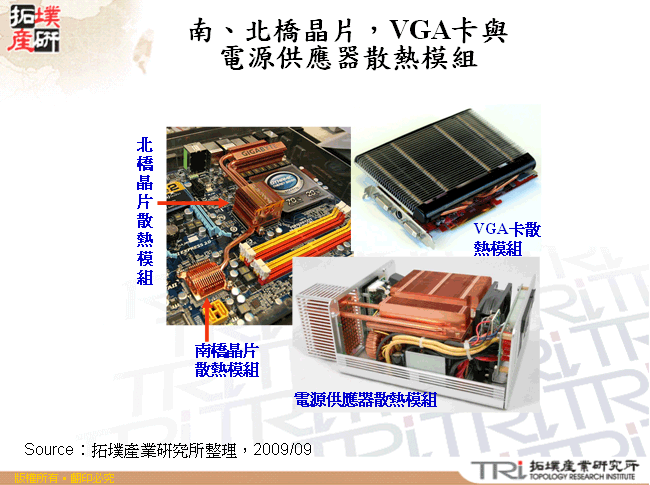 南、北橋晶片，VGA卡與電源供應器散熱模組